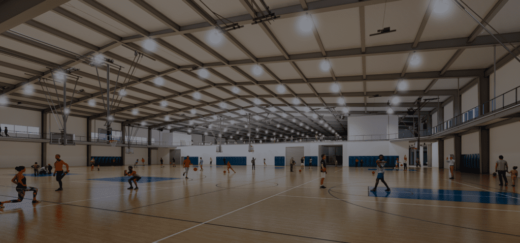 Rendering of the four indoor basketball courts inside Henderson Sport and Social with kids playing and a second level walkway above