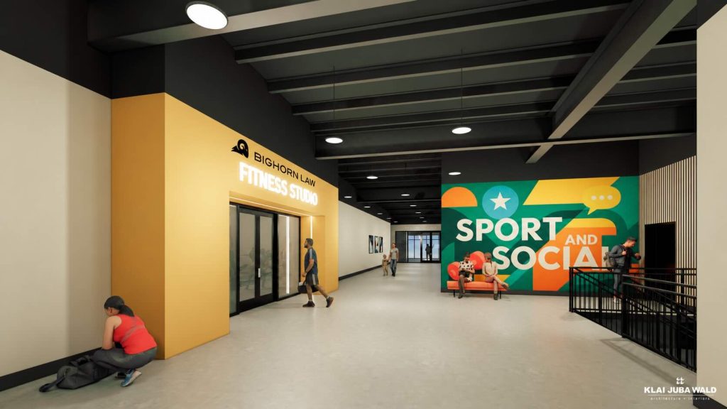 Rendering of the hallway inside Henderson Sport and Social showing the fitness studio entrance and a Sport and Social wall mural